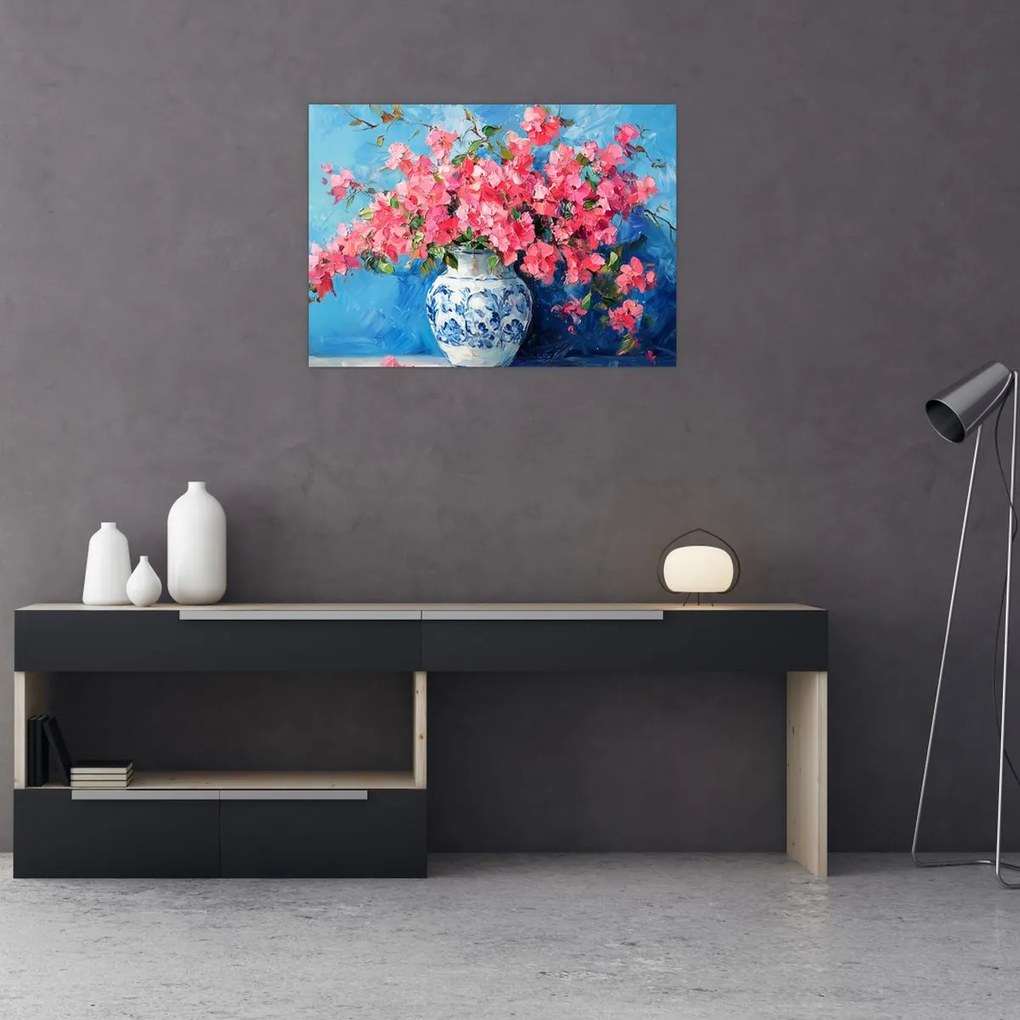 Obraz na szkle - Wazon z różowymi kwiatami (70x50 cm)