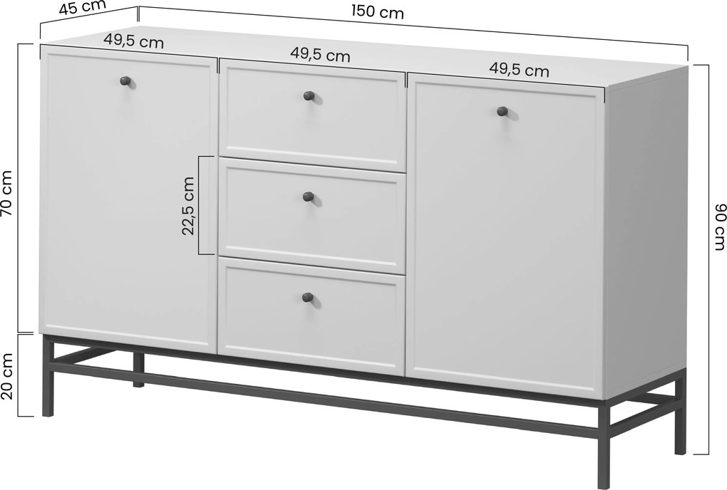 Komoda Lorini 150 cm z szufladami - kaszmir / czarne uchwyty T-bar / stelaż