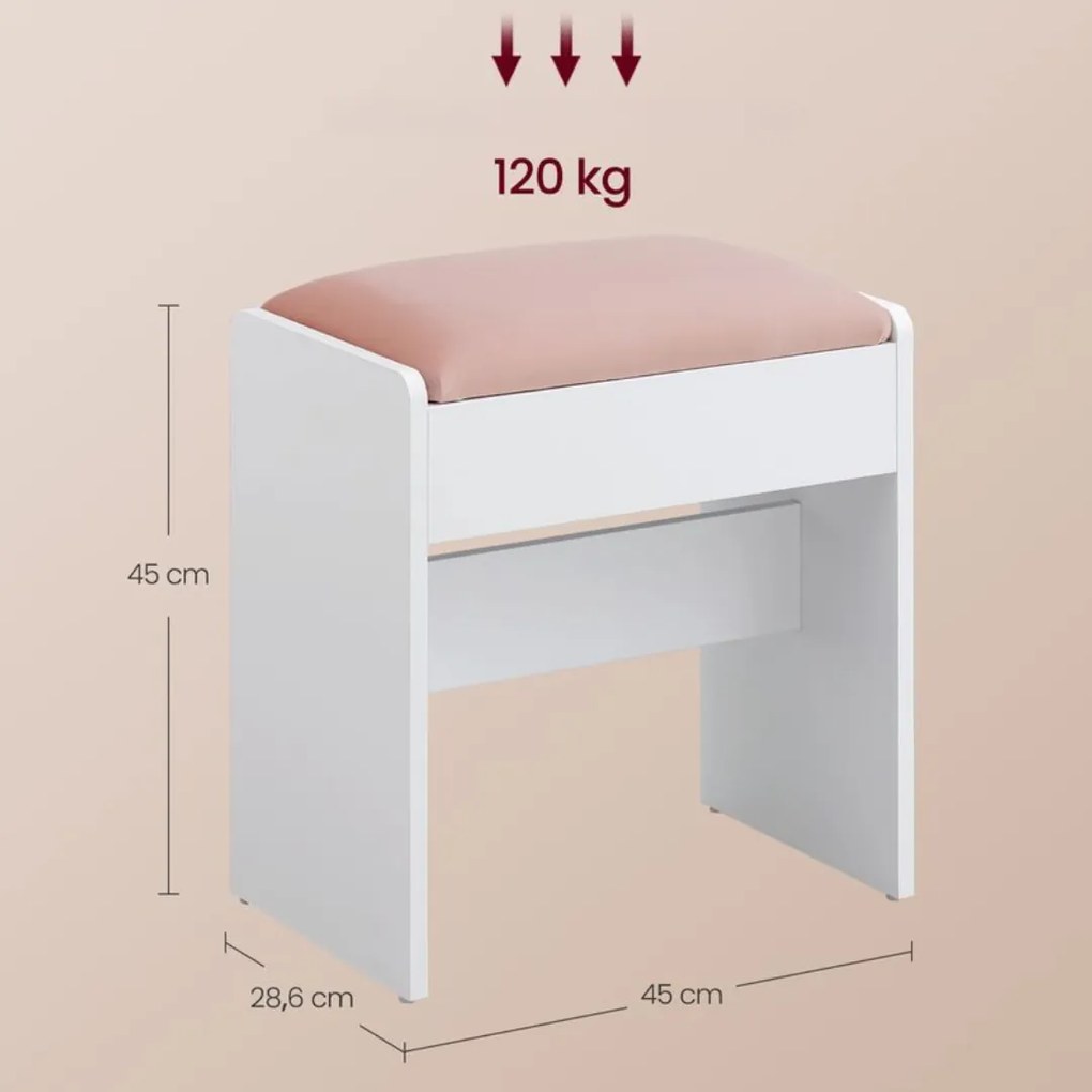 Vasagle Tapicerowany taboret/krzesło VELVET do toaletki, 45×45×28,6 cm, biały/różowy
