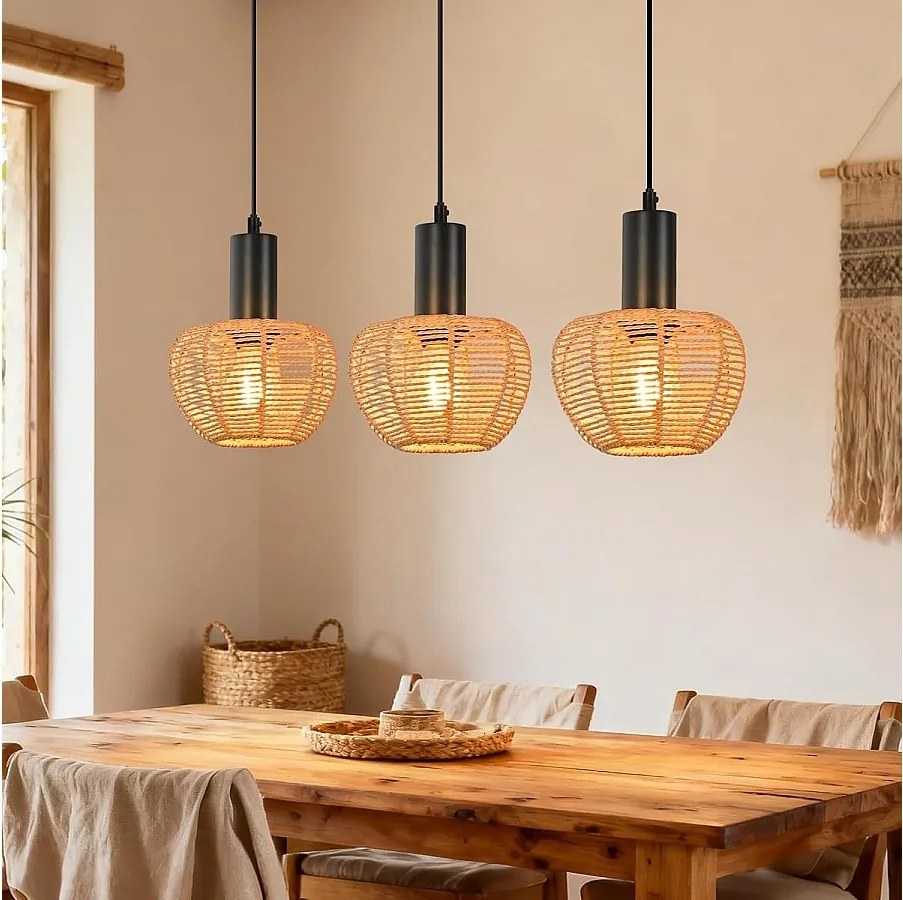 Lampa wisząca Nettlife Boho Rattan z 3 żarówkami – żyrandol z plecionej liny konopnej w stylu vintage, E27 – oświetlenie kuchni/jadalni (żarówki nie są dołączone)