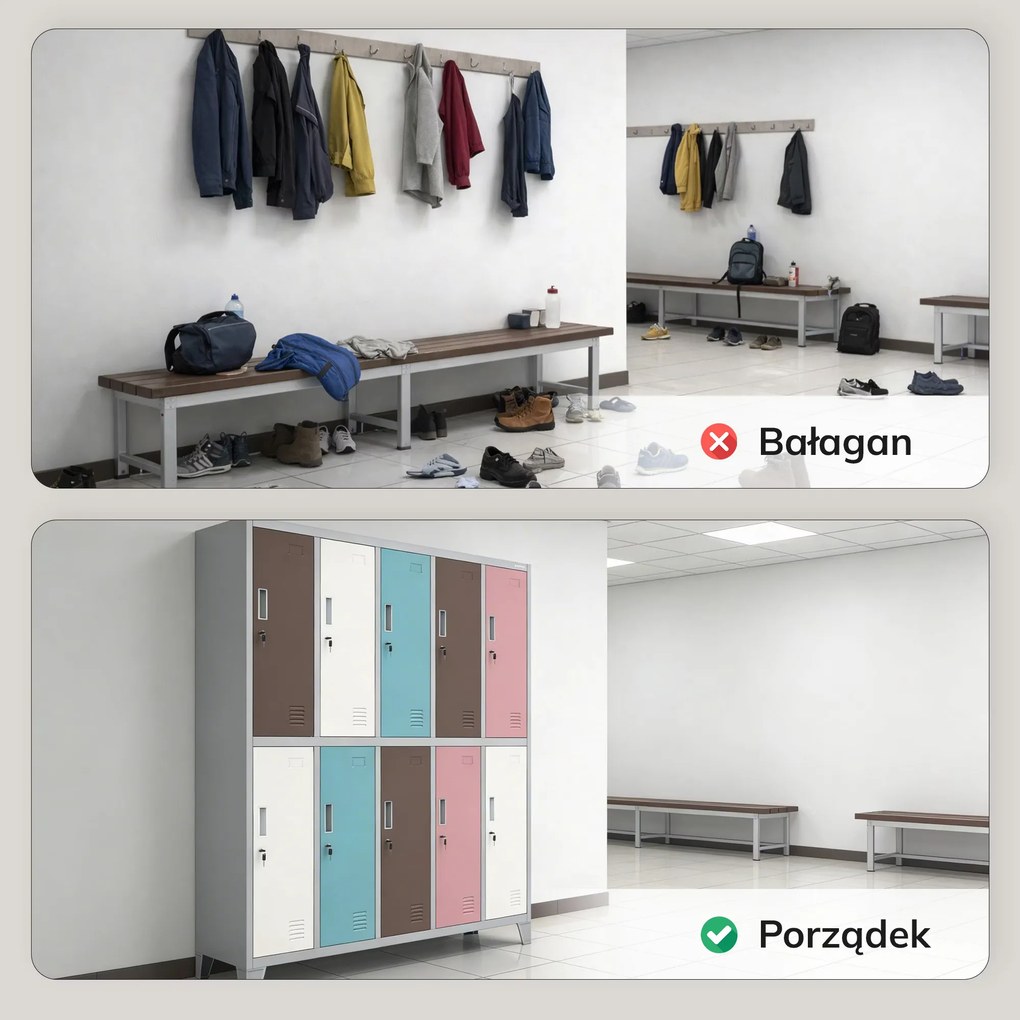 Szafa socjalna ubraniowa 10-drzwiowa szaro-pastelowa, 1360x1720x450 mm: BARTEK