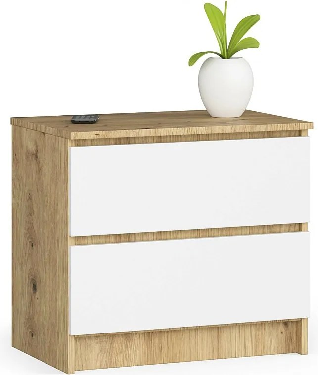 Szafka nocna AKORD K60 Dąb Artisan 60 cm 2 szuflady kolor Biały mat 60x40x55 cm