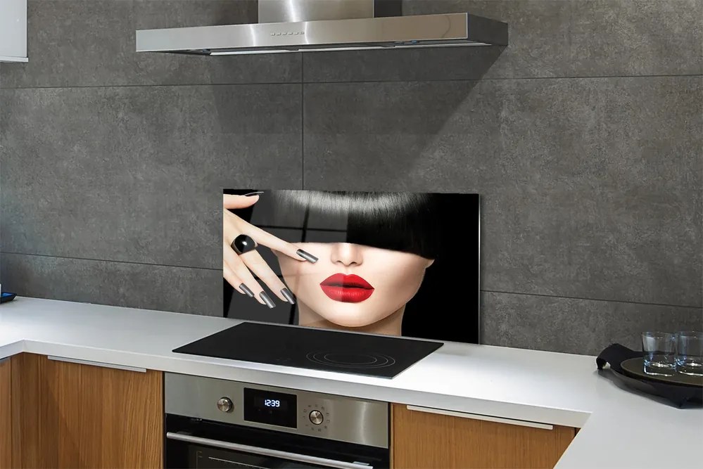 Panel nad Blat Kuchenny Kobieta z Grzywką i Czerwonymi Ustami