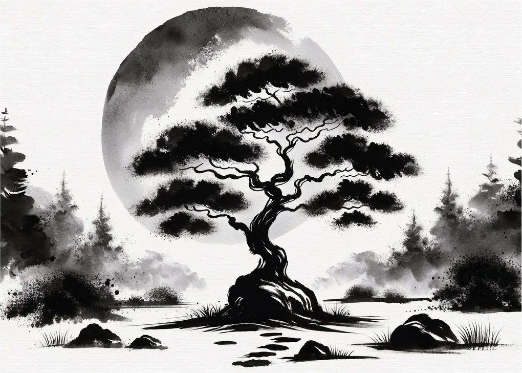 Obraz na szkle – Czarno-biały bonsai (70x50 cm)