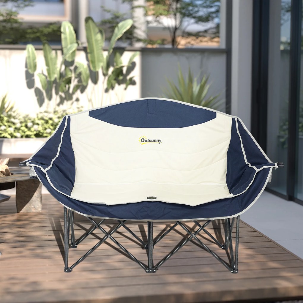 Outsunny Składany fotel 2-osobowy kempingowy z uchwytem na napoje, torbą transportową, do 250 kg, niebieski | Aosom PL