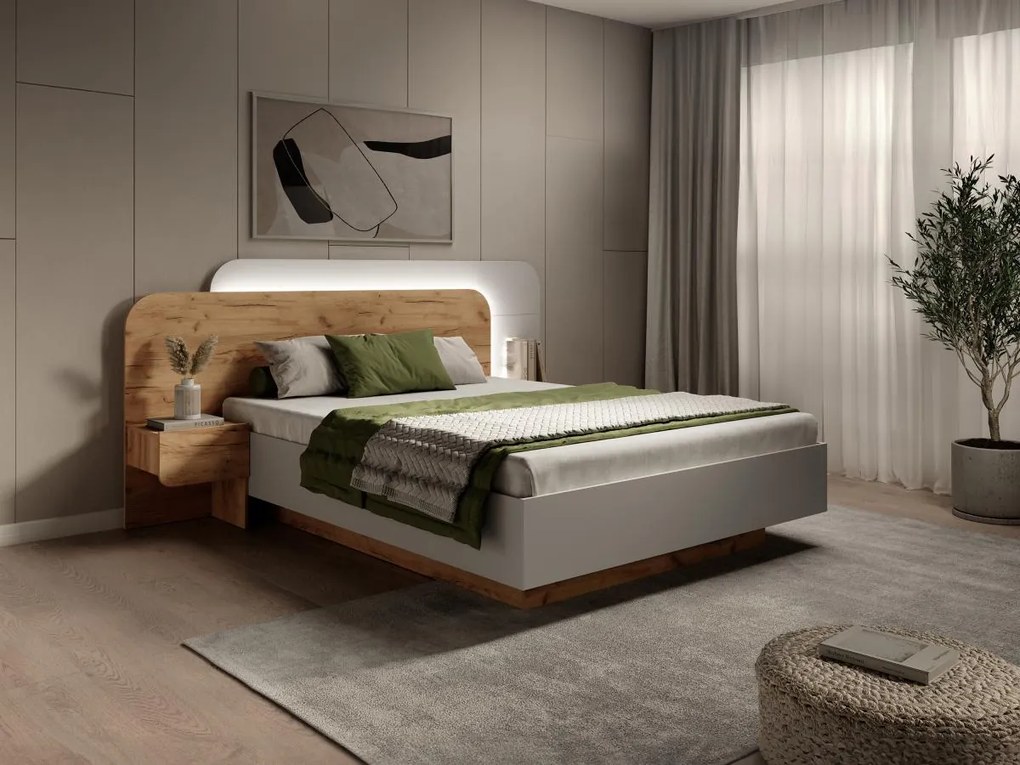 Łóżko z szafkami nocnymi 160 x 200 cm - Z oświetleniem LED - Naturalny i biały + Stelaż - DESADO