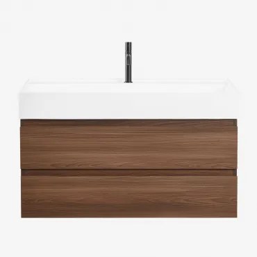 Zestaw Wiszących Mebli Łazienkowych Z Drewna I Forniru Jesionowego Zintegrowany Z Umywalką Ona Ciemna Czerń & - Sklum