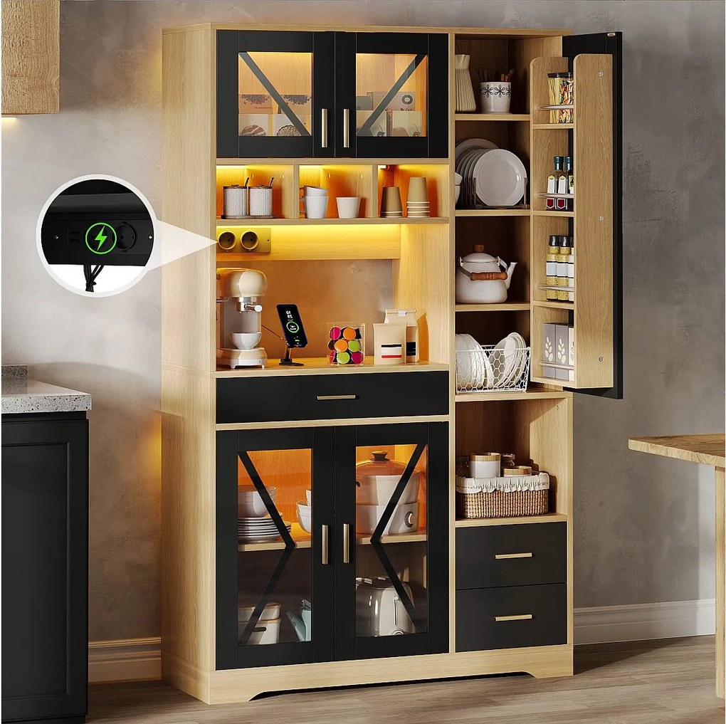 Kredens kuchenny w stylu stodoły Hayt - 105 x 40 x 185 cm - z półkami + szufladami + diodami LED + drzwiami - MDF - czarny + naturalny