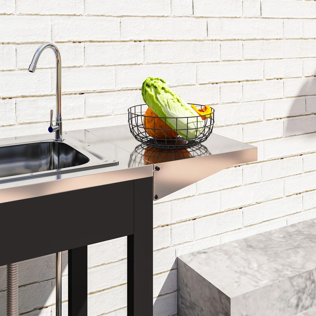 Outsunny Wózek Grillowy z Blatem Roboczym, Składaną Półką, Szafką, Zlewem i Kołami, Stal 162,5x47x87cm Czarny