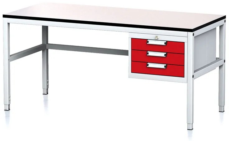 Stół warsztatowy MECHANIC II, 1600 x 700 x 745-985 mm, 3 kontenery szufladowe, szary/czerwony