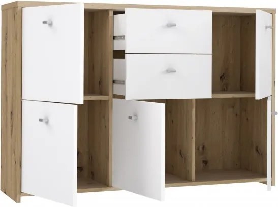 Szeroka komoda z 5 szafkami i 2 szufladami Best Chest 233, biały/dąb artisan