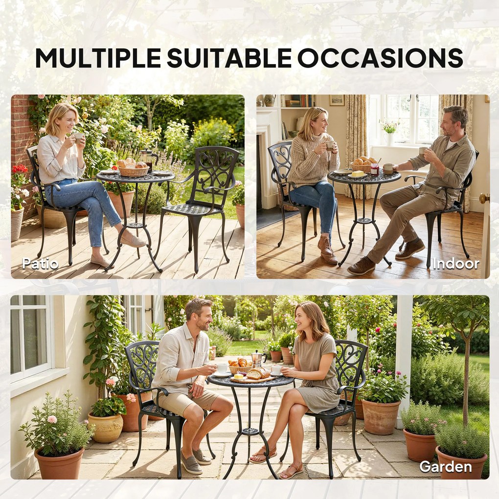 Outsunny 3-częściowy zestaw bistro ogrodowy okrągły stół z 2 krzesłami otwór na parasol, antyczny z odlewu aluminium | Aosom PL