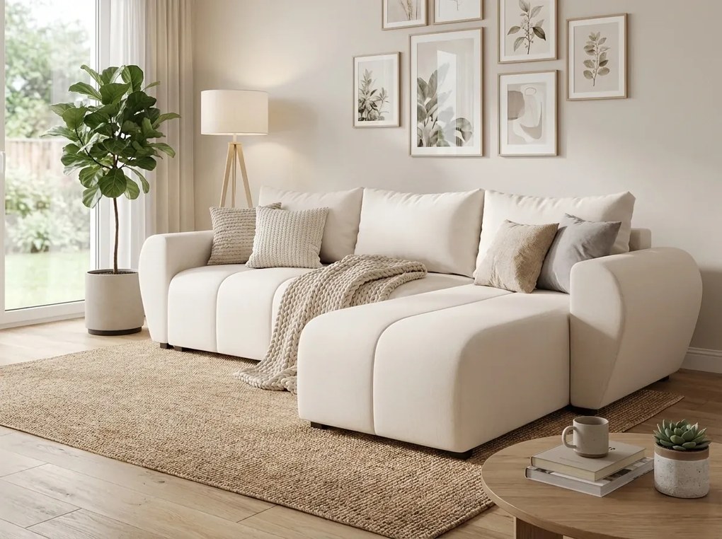 Rozkładana narożna sofa SEVIO 246x145 cm, kremowa, uniwersalna + 2 poduszki GRATIS
