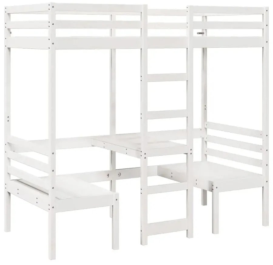 Piętrowe białe łóżko z biurkiem i krzesłami 90x190 - Kerbi 5X
