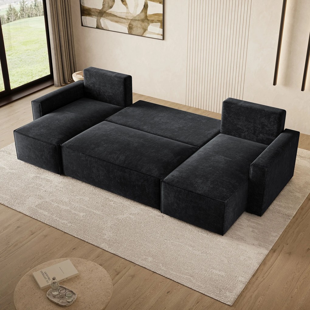 Masseno Narożnik ASPRA z funkcją spania i pojemnikiem na pościel Narozniki U, Rozkładana sofa - Czarny, LUMO 80