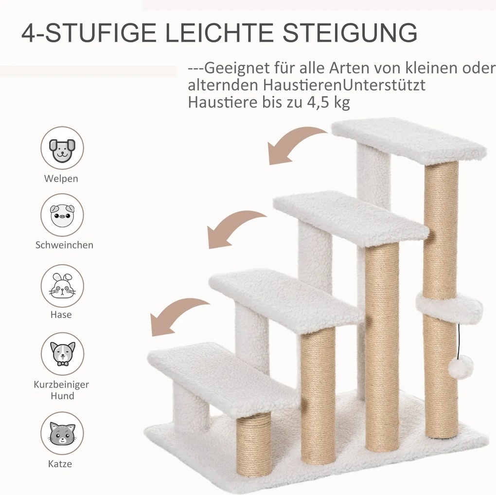 Drabinka dla Zwierząt z Piłeczką i Drapakiem PawHut, 4-stopniowa, Pluszowa i Trwała, Biała, Idealna dla Małych i Starszych Zwierząt, 60x40x64 cm