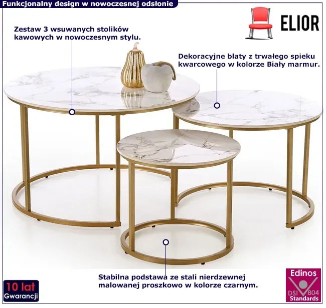Wsuwany zestaw stolików kawowych biały + złoty E0-R87