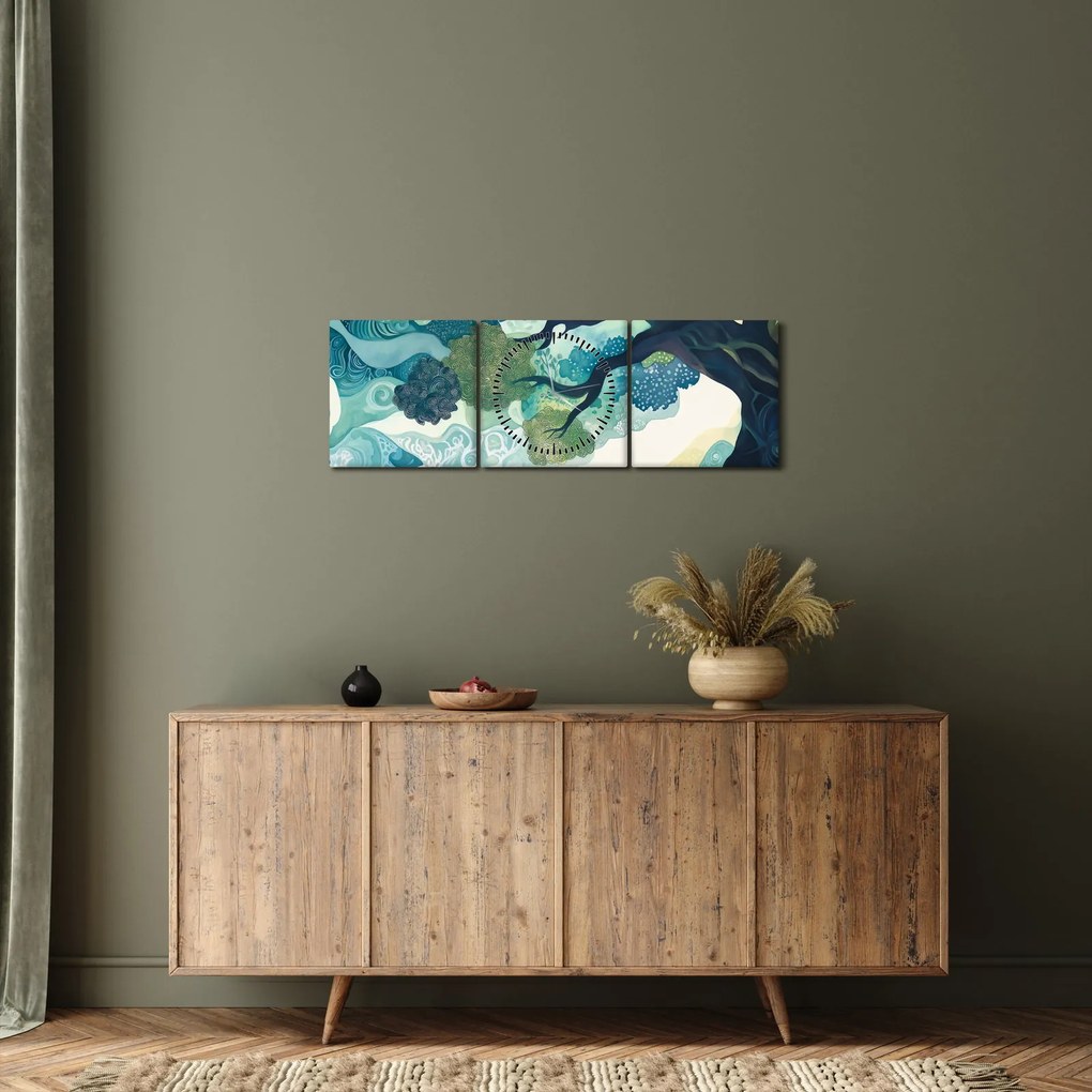 Obraz – Zielona korona drzewa życia (z zegarem) (90x30 cm)