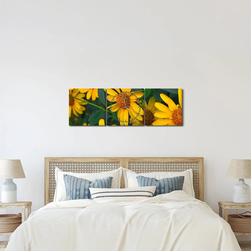 Obraz żółtych kwiatów (z zegarem) (90x30 cm)