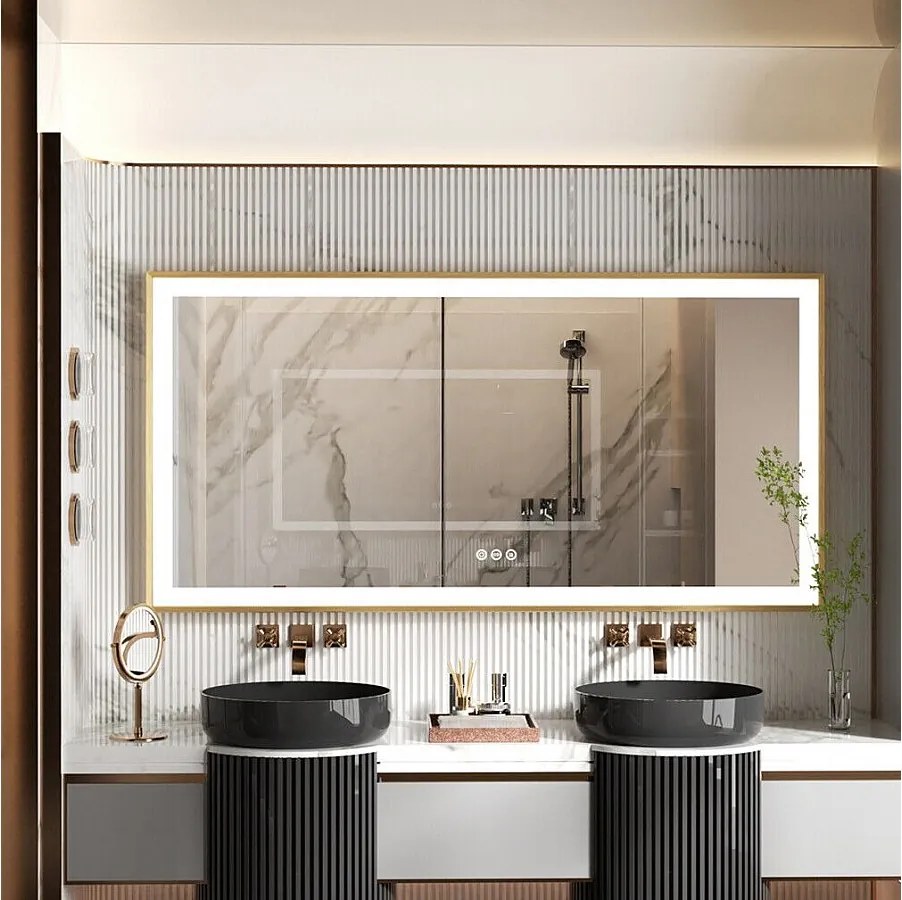 Lustro łazienkowe prostokątne LED 120x60cm regulowane 3-kolorowe podświetlane lustro ze złotą ramą 120x60x4cm