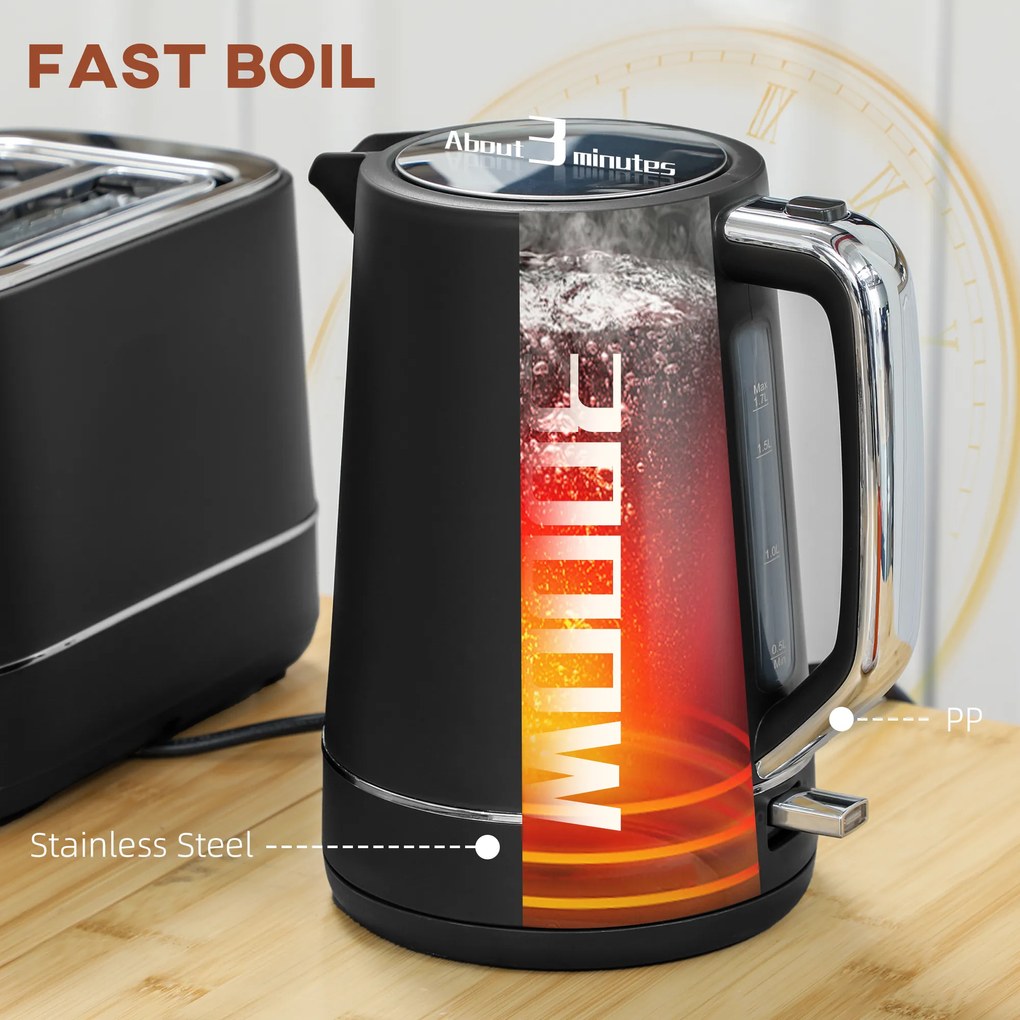 HOMCOM Zestaw czajnik 1,7 L i toster z 6 stopniami zrumienienia, Czarny/Stal