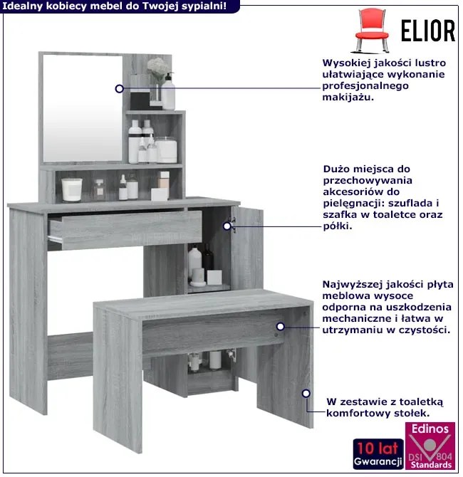 Nowoczesna wąska toaletka ze stołkiem szary dab sonoma Nelly