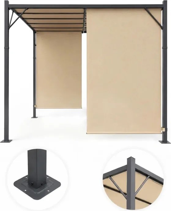 Beżowa pergola ogrodowa FG-362 z regulowanym zadaszeniem i roletami bocznymi