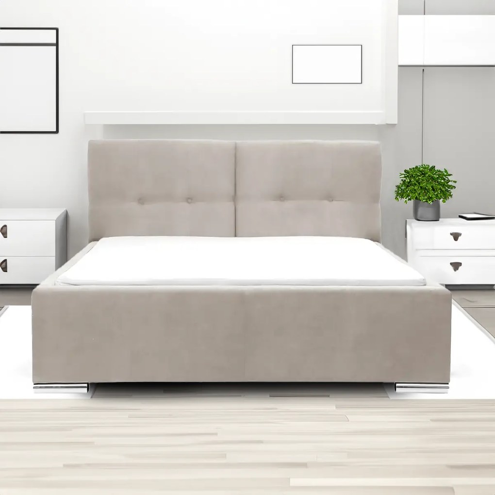 Łóżko tapicerowane z pojemnikiem i materacem FOLLER 140x200 cm Beżowy