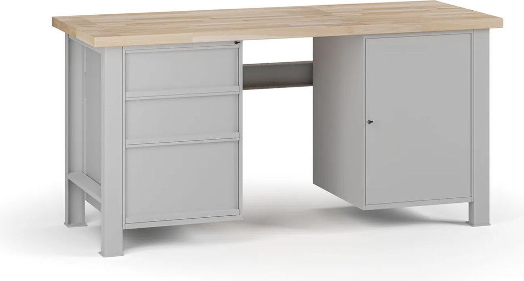 Stół warsztatowy G7, blat bukowy, 1700 x 685 x 840 mm, 1x szafka, 3x szuflada, szary
