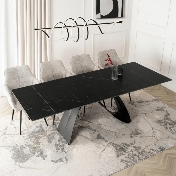 Stół Rozkładany Prostokątny DEVON 160-220 cm Ceramiczny Czarny Marmur/Czarny Nowoczesny