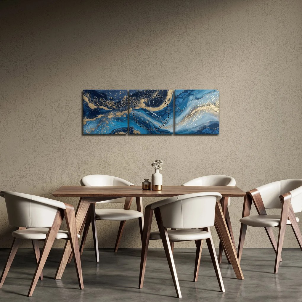 Obraz - Abstrakcyjny niebiesko-złoty marmur (z zegarem) (90x30 cm)