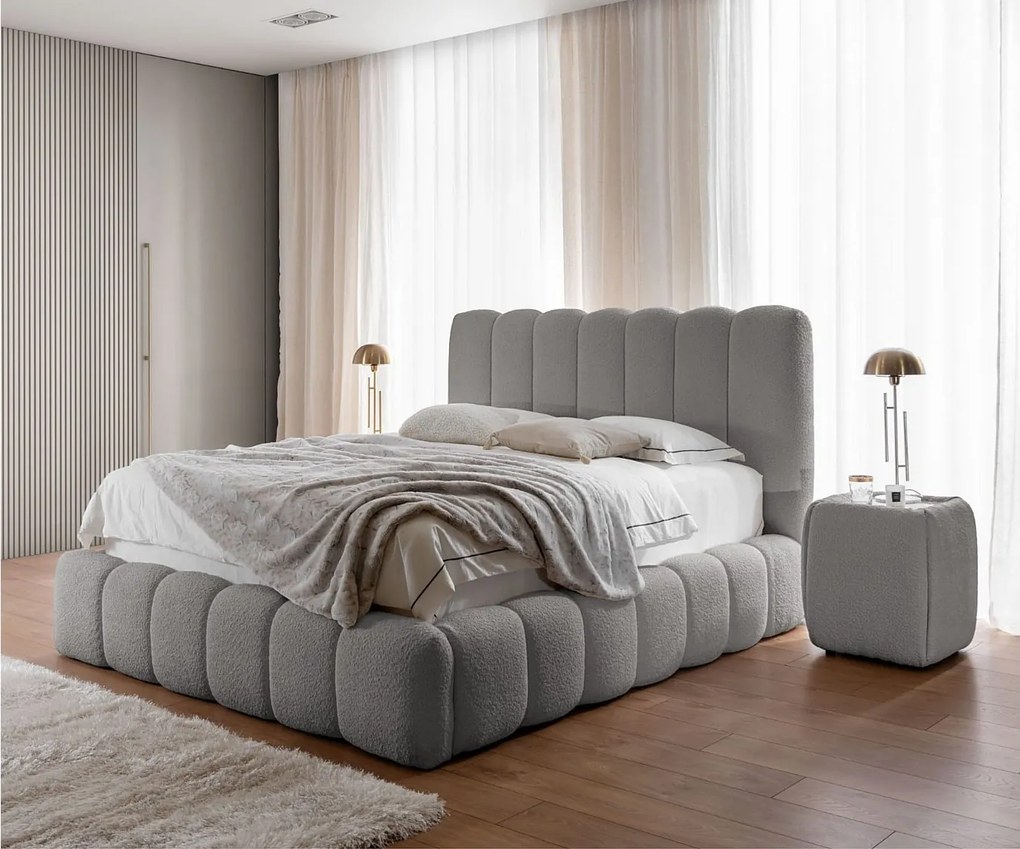 FURNISTAR Łóżko tapicerowane CHLOE z pojemnikiem 180x200|Łóżko dwuosobowe z pojemnikiem i stelażem|Wygląd boxspring|bez materaca|do sypialni-szary