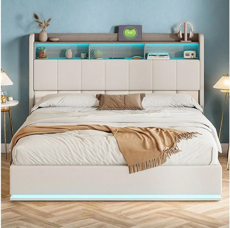 Nowoczesne Łóżko z LED i Pojemnikiem 160x200cm z USB, Typem C, Materiałem Welurowym, Białe - Styl Skandynawski