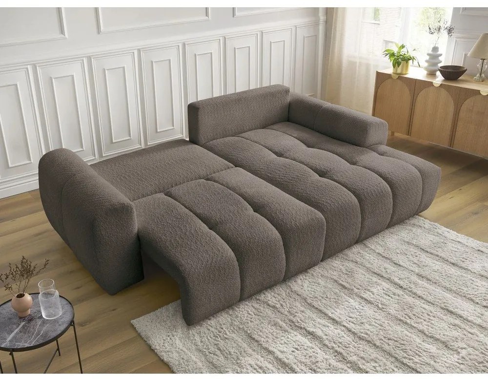 Brązowy rozkładany/ze schowkiem narożnik z materiału bouclé (prawostronny/z szezlongiem) Roxelane – Bobochic Paris