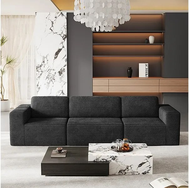 Modułowa Sofa 3-osobowa w Welurze Żebrowanym, z 3 poduszkami, 303x101x82cm, Czarny