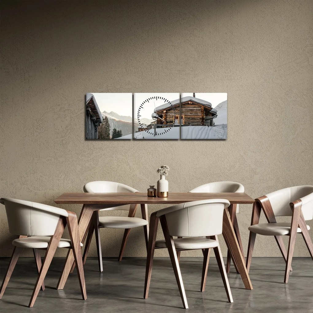 Obraz - chata górska w śniegu (z zegarem) (90x30 cm)