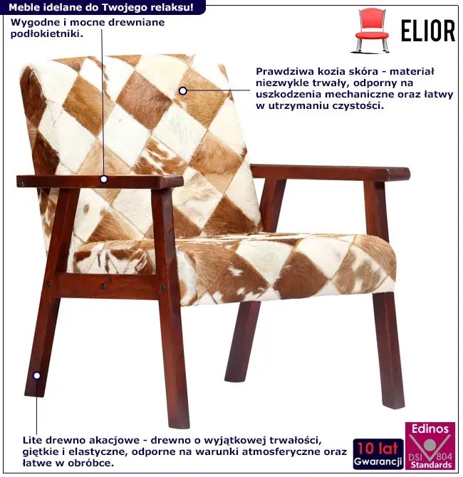 Drewniany tapicerowany skórą naturalną fotel lisek F7-B44