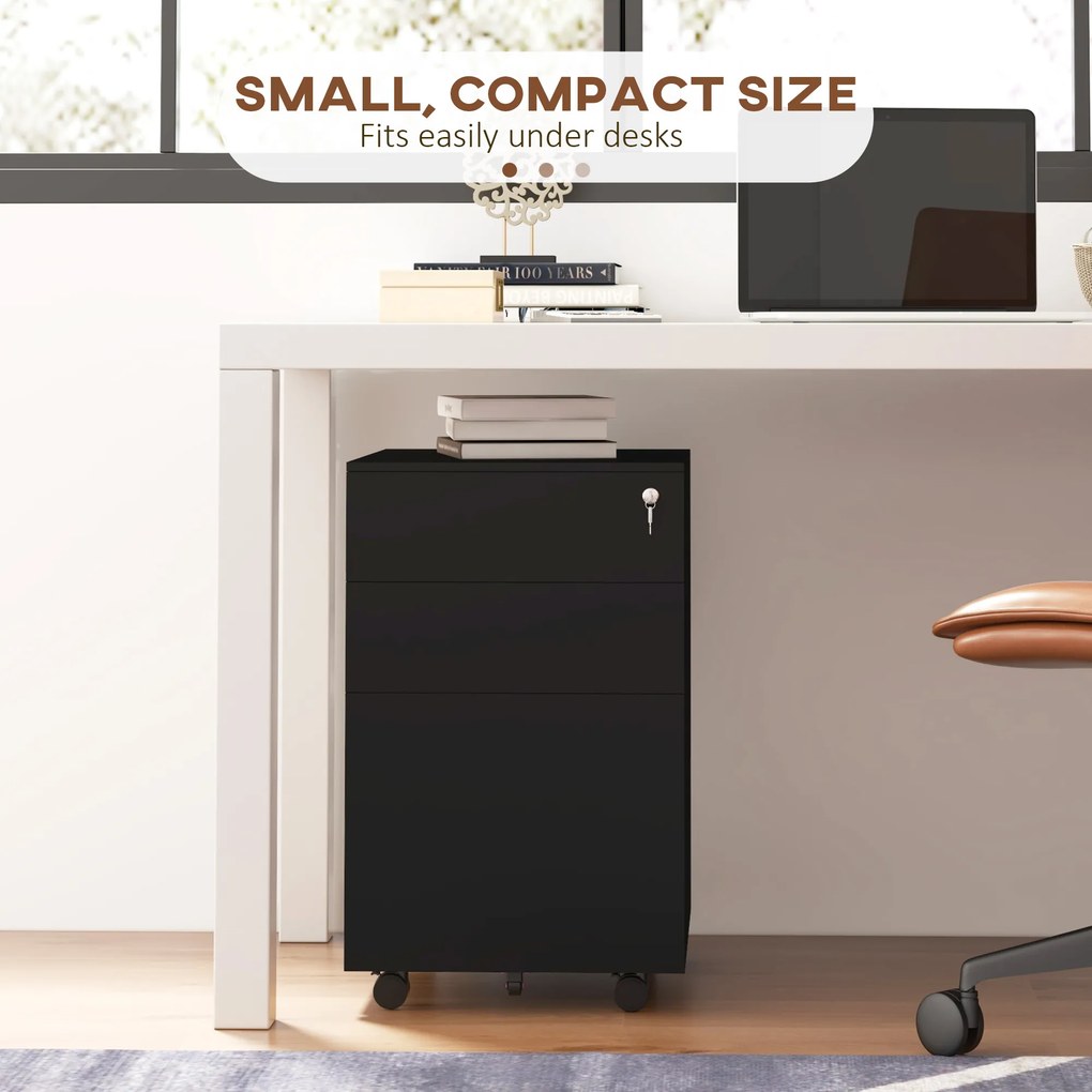Vinsetto Kontener na dokumenty, 3 szuflady, zamykany, na kółkach, 37 cm x 43,5 cm x 60 cm, Czarny | Aosom PL