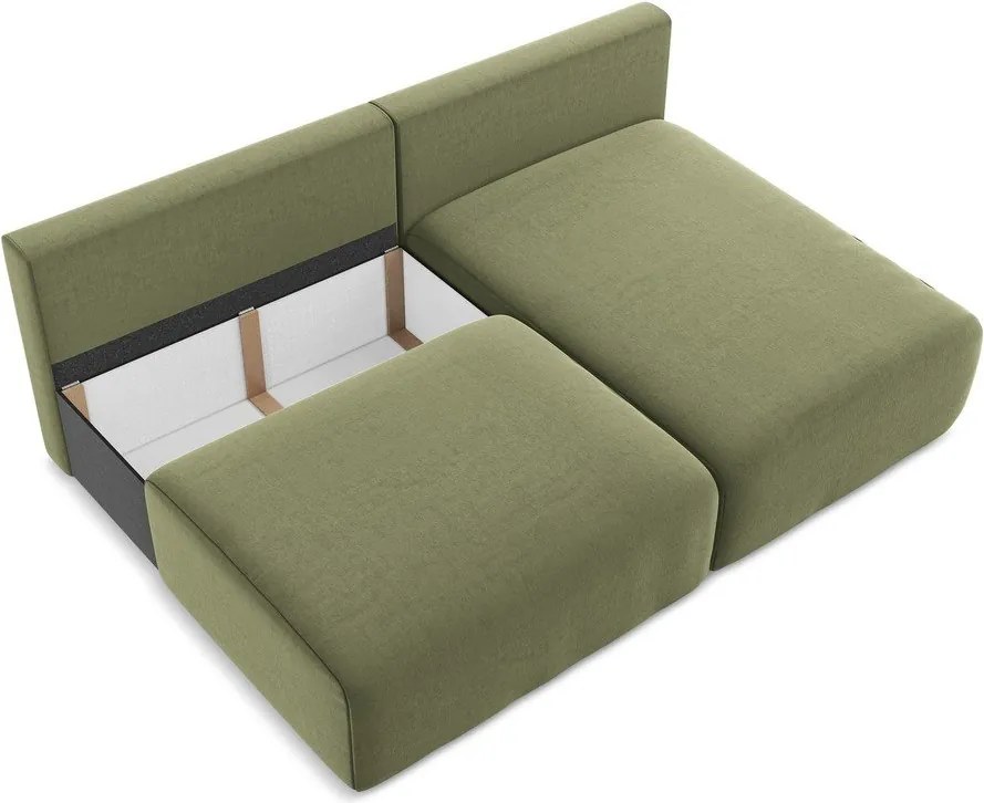 Zielony aksamitny rozkładany narożnik ze schowkiem (prawostronny/z szezlongiem) Kalena – Makamii