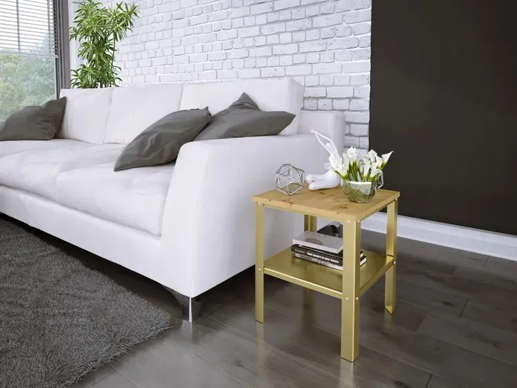 Minimalistyczny stolik kawowy złoty + dąb artisan - Sufix 3X