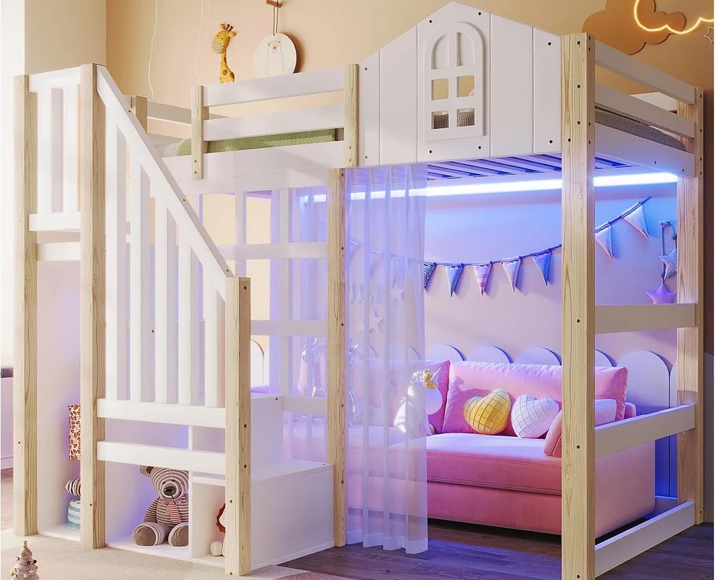 Łóżko na antresoli 140x200 cm - z oświetleniem LED - z drabiną schowkową - z przegrodami przechowawczymi - Biały + Naturalny