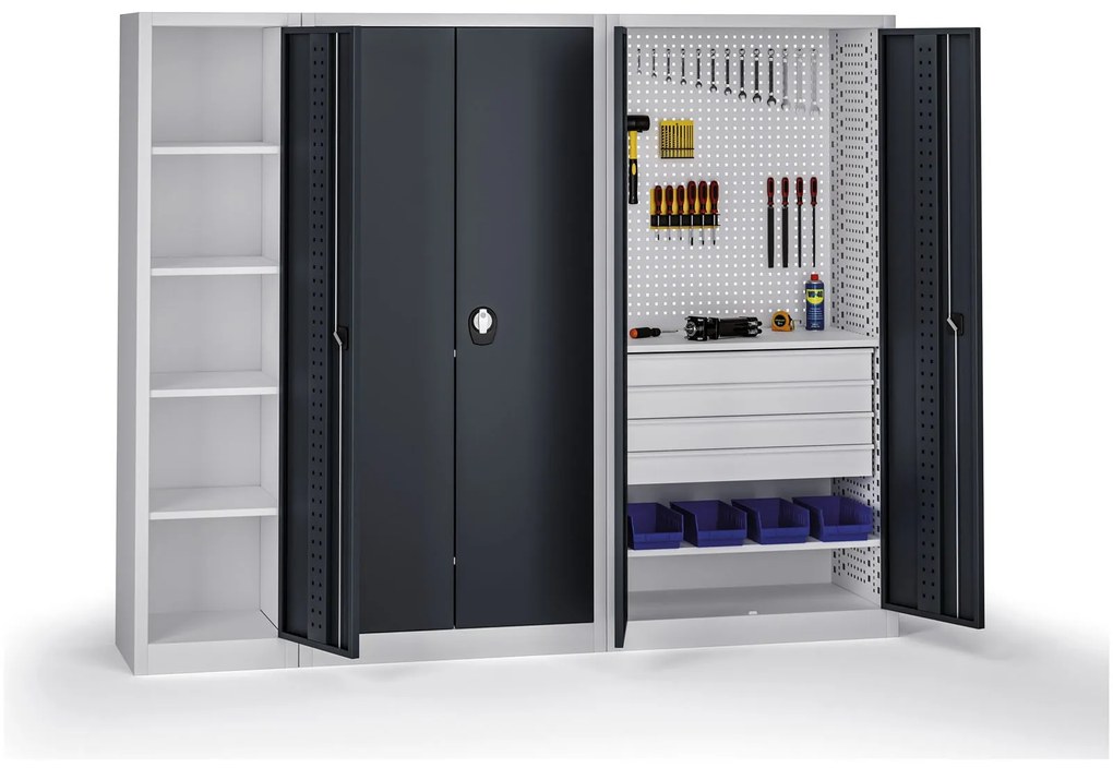 Szafa warsztatowa, 4 półki + 4 szuflady, 1950 × 950 × 500 mm, grafitowe drzwi