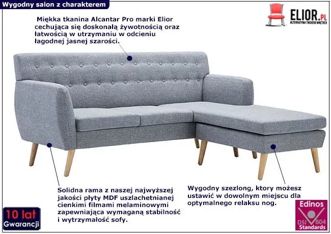 Tapicerowana pikowana sofa Kova 2L - jasny szary