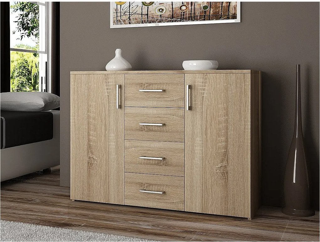 Komoda AKORD K45 Dąb Sonoma 110 cm 2 drzwi 4 szuflady kolor Dąb Sonoma mat 4 półki 110x35x80 cm