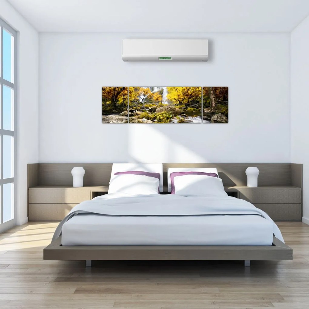 Obraz - Wodospady w jesiennym krajobrazie, żółty (170x50 cm)