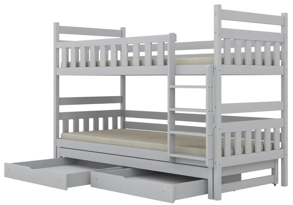 Łóżko piętrowe BARTEK 180x90 białe drewniane trzyosobowe z szufladami KOCOT KIDS