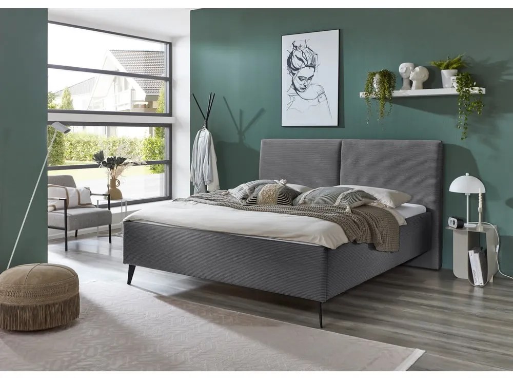 Szare tapicerowane łóżko dwuosobowe ze schowkiem ze stelażem 180x200 cm Lando – Meise Möbel