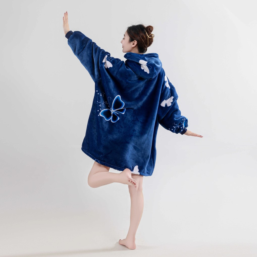 Koc bluza z baranka z rękawami i kapturem VIOLET BUTTERFLY, ciemnoniebieski