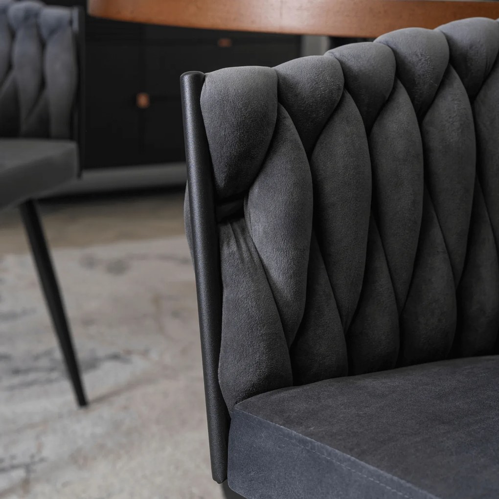 Krzesło Tapicerowane Plecione do Salonu ELENA Szare Welurowe Nowoczesne Loft