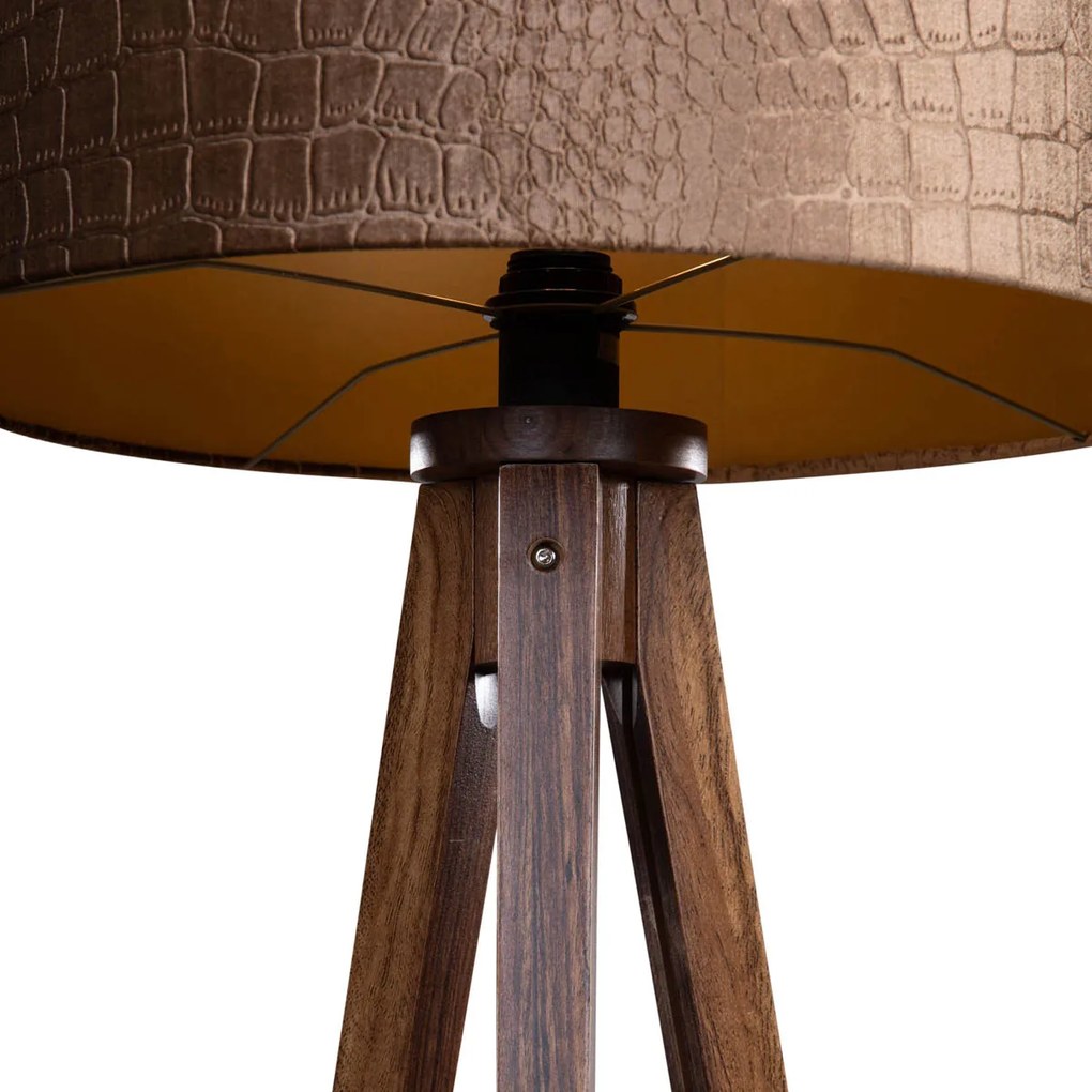 Lampa podłogowa na trójnogu z drewna orzechowego z welurowym abażurem wzór krokodyla 50 cm - Tripod Classic
